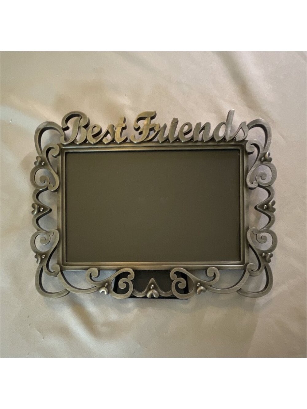 Freestanding Ornate Metal Photo Frame "Best Friends" Scrollwork Silver/Black